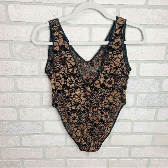 Vtg 80's Natori Black and Gold Lace BodySuit I7 - Picture 7 of 7